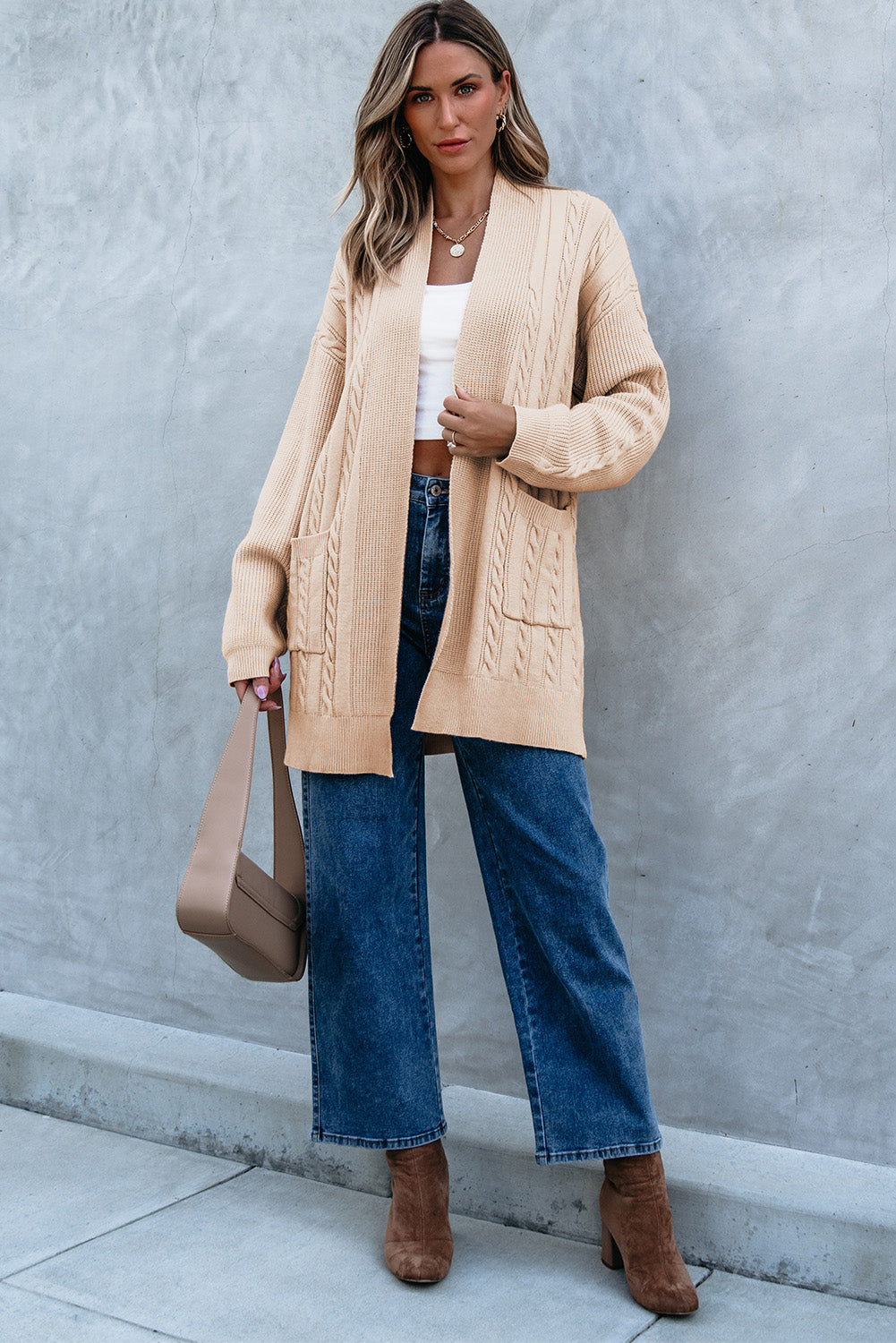 Parchment Oversize Chunky Cable Knit Open Front Midi-length Cardigan Cardigans JT's Designer Fashion