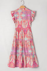 Rose Tribal Paisley Print Ruffled Sleeve Notch Neck Midi Dress Floral Dresses JT's Designer Fashion