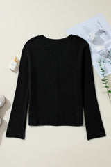 Black Lightweight Ribbed Knit Button Front V Neck Cardigan Cardigans JT's Designer Fashion