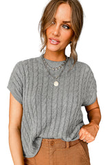 Gray Crew Neck Cable Knit Short Sleeve Sweater Sweaters & Cardigans JT's Designer Fashion