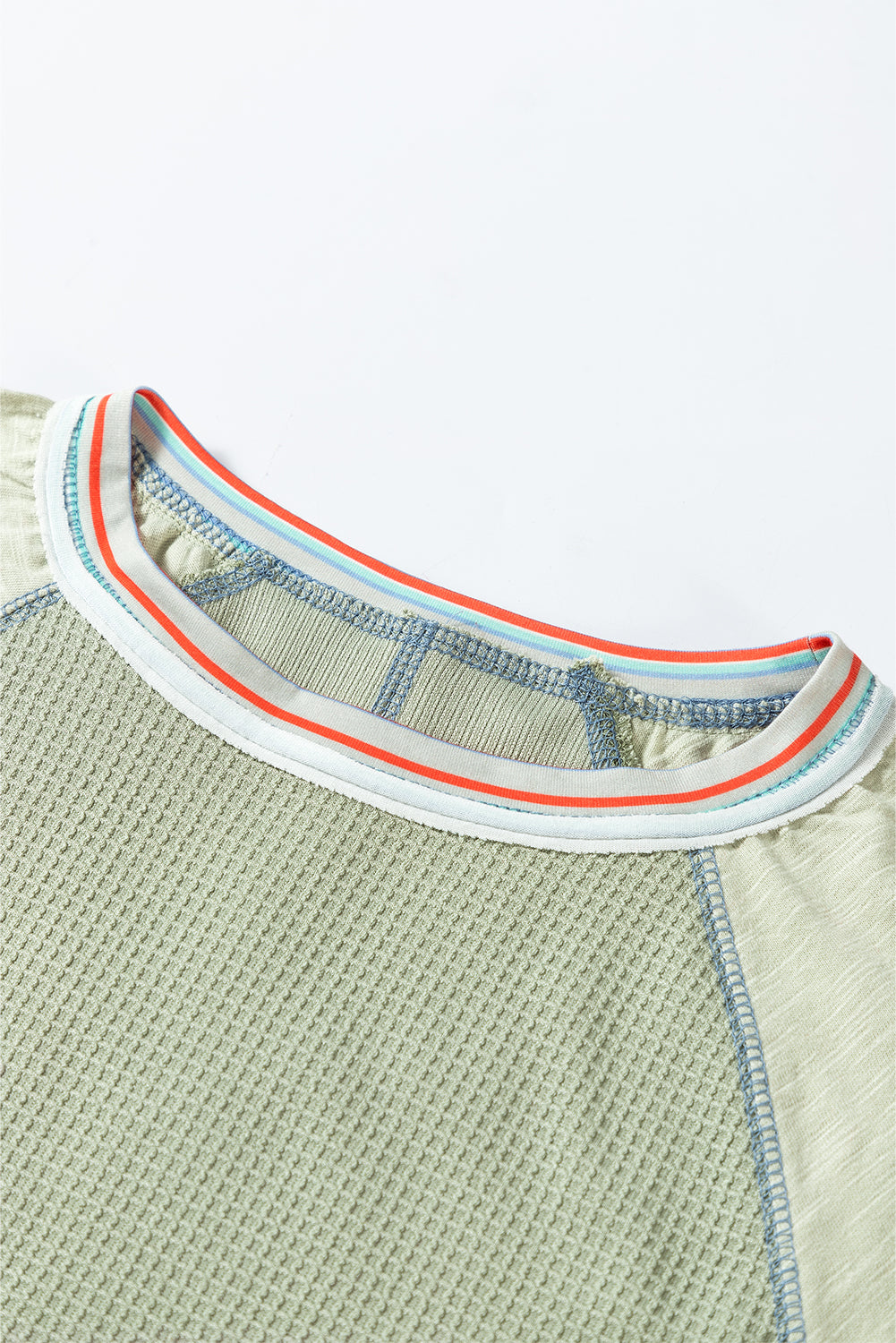 Meadow Mist Green Waffle Knit Wide Bracelet Sleeve Patchwork Raglan Top Long Sleeve Tops JT's Designer Fashion