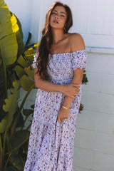 Purple Floral Short Bubble Sleeve Shirred High Waist Long Dress Maxi Dresses JT's Designer Fashion