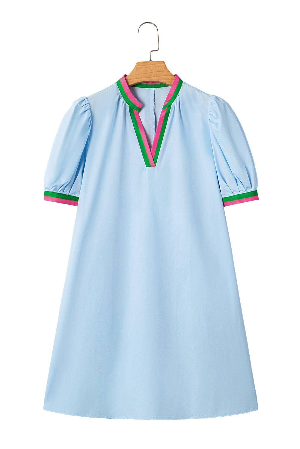 Myosotis Contrast Striped Notched V Neck Puff Sleeve Mini Dress Mini Dresses JT's Designer Fashion