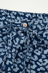 Blue Leopard Printed Drawstring Elastic Waistband Pocketed Wide Leg Jeans Jeans JT's Designer Fashion