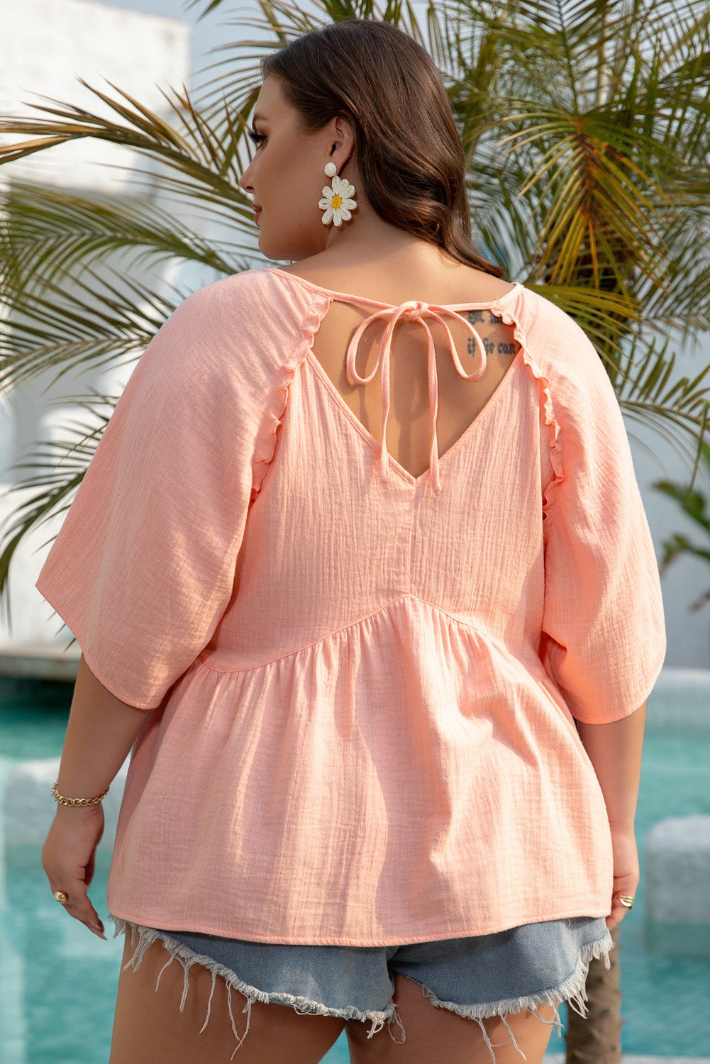 Apricot Pink Plus Size Textured Wide Short Sleeve Babydoll Blouse Plus Size Blouses & Shirts JT's Designer Fashion
