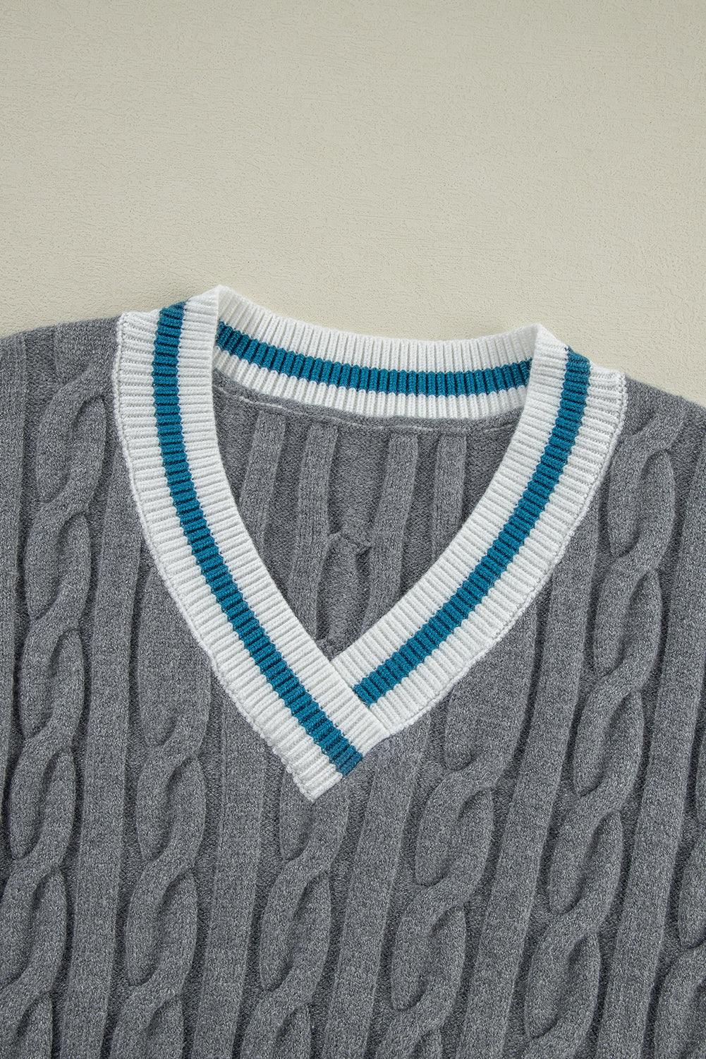Medium Grey Color Contrast Ribbed Edge Cable Knit V Neck Sweater Sweaters JT's Designer Fashion