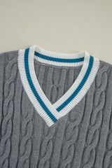 Medium Grey Color Contrast Ribbed Edge Cable Knit V Neck Sweater Sweaters JT's Designer Fashion