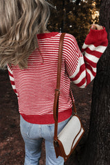Red Stripe Geometric Textured Drop Shoulder Sweater Sweaters JT's Designer Fashion