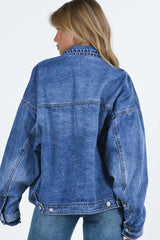 Blue Chest Pockets Drop Shoulder Loose Denim Jacket Denim Jackets JT's Designer Fashion