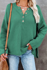 Green Henley Pullover Drop Shoulder Sweater with Slits Green-2 55%Acrylic+45%Cotton Sweaters JT's Designer Fashion