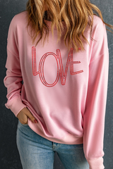 Pink LOVE Graphic Drop Shoulder Valentines Pullover Sweatshirt Graphic Sweatshirts JT's Designer Fashion