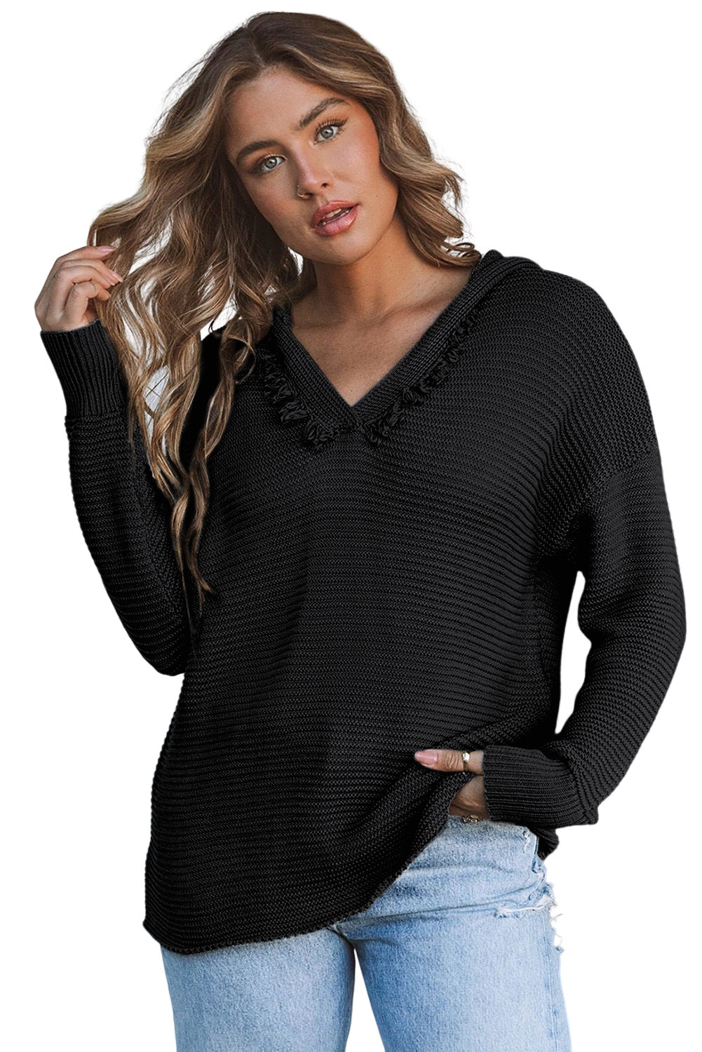 Black V Neck Ribbed Drop Shoulder Hooded Sweater Sweaters & Cardigans JT's Designer Fashion