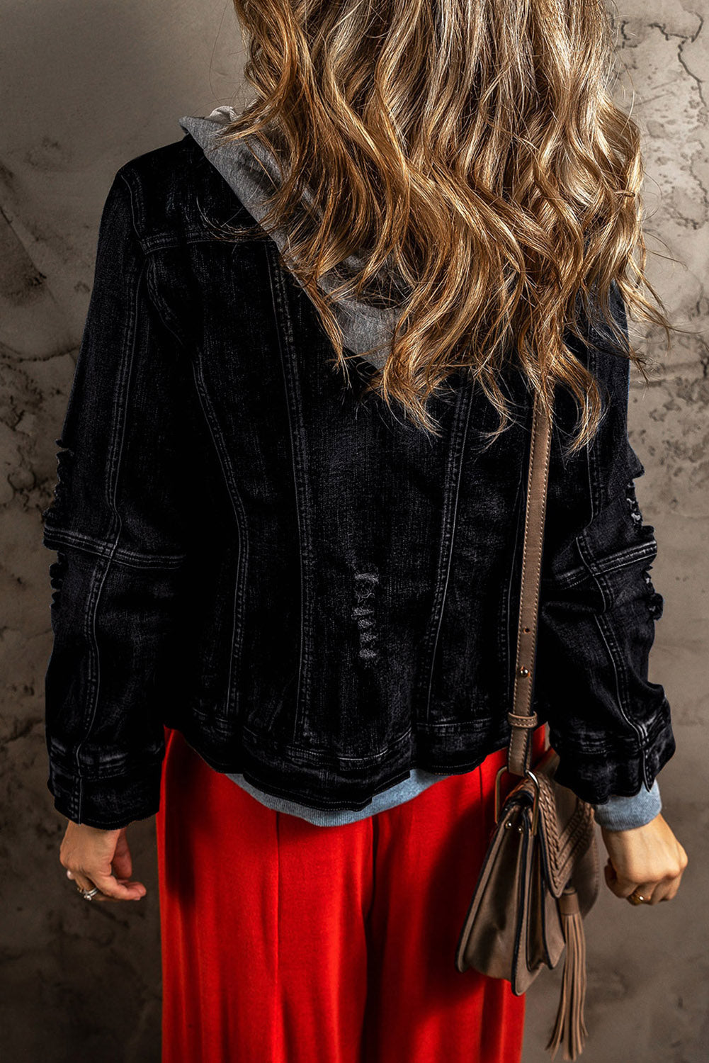 Black Fake Two-Piece Hooded Zip-Up Denim Jacket Denim Jackets JT's Designer Fashion