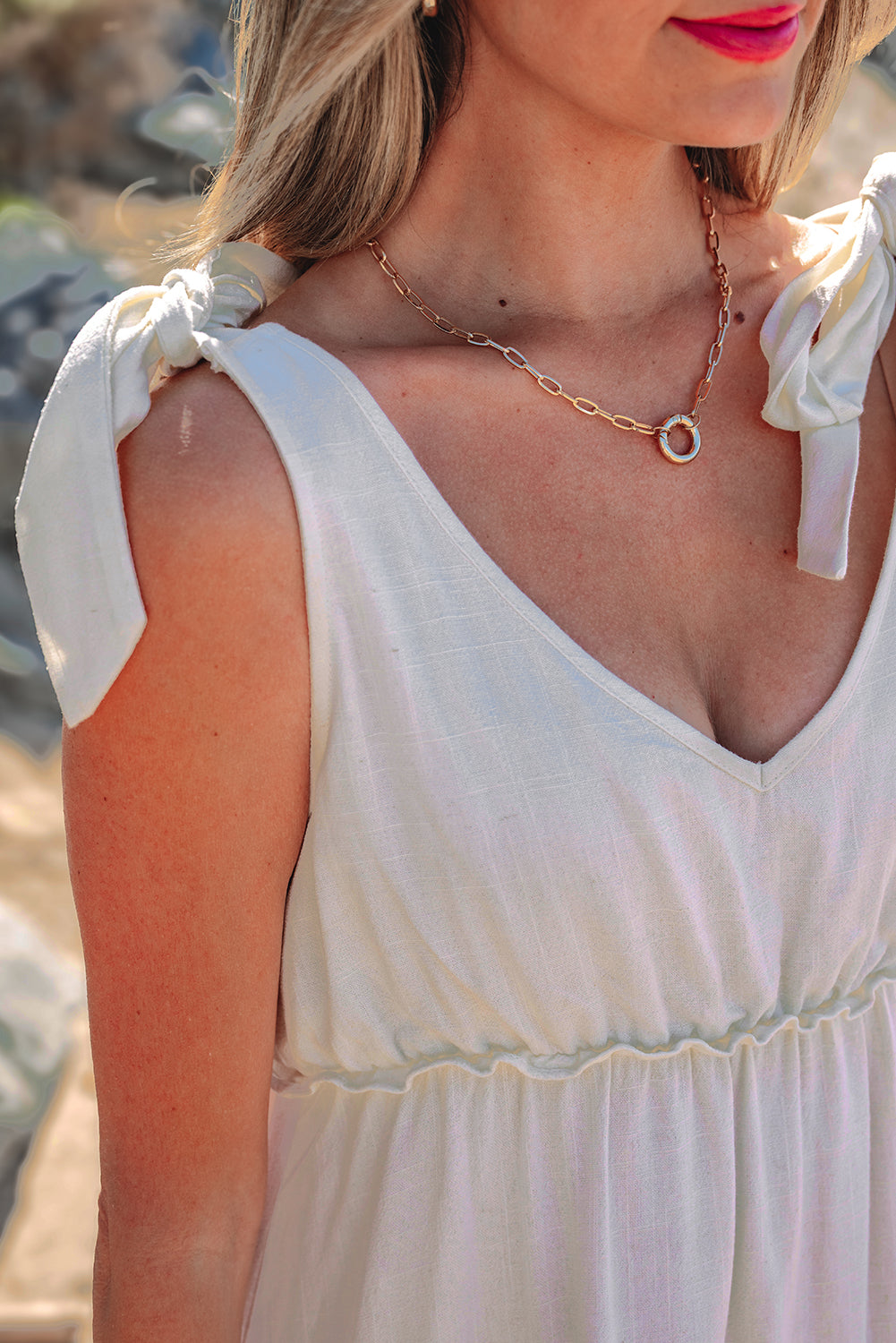 Oatmeal Solid Color Tied Straps Ruffle Tiered Mini Dress Mini Dresses JT's Designer Fashion