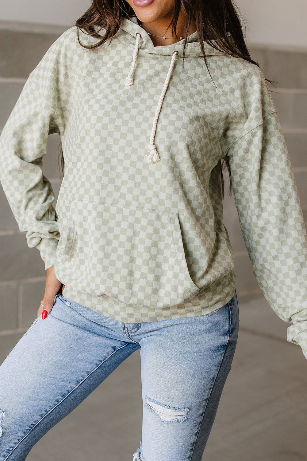 Green Checkered Print Kangaroo Pocket Drawstring Hoodie Sweatshirts & Hoodies JT's Designer Fashion