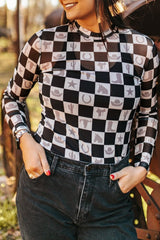 Black Checkerboard Western Elements Printed Mesh Long Sleeve Top Long Sleeve Tops JT's Designer Fashion