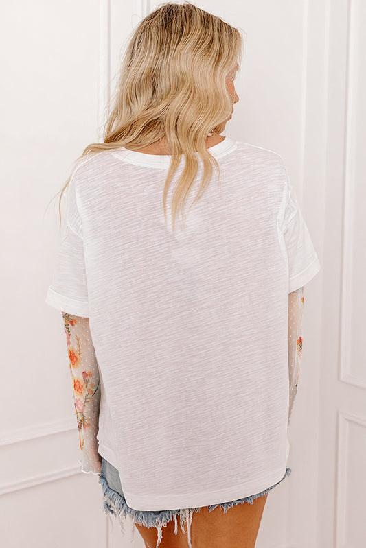White Faux Two Piece Floral Long Sleeve Patchwork Tee Long Sleeve Tops JT's Designer Fashion
