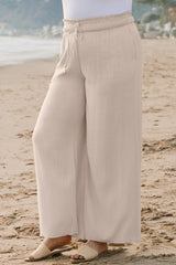 Beige Smocked High Waist Wide Leg Plus Size Pants Plus Size Bottoms JT's Designer Fashion