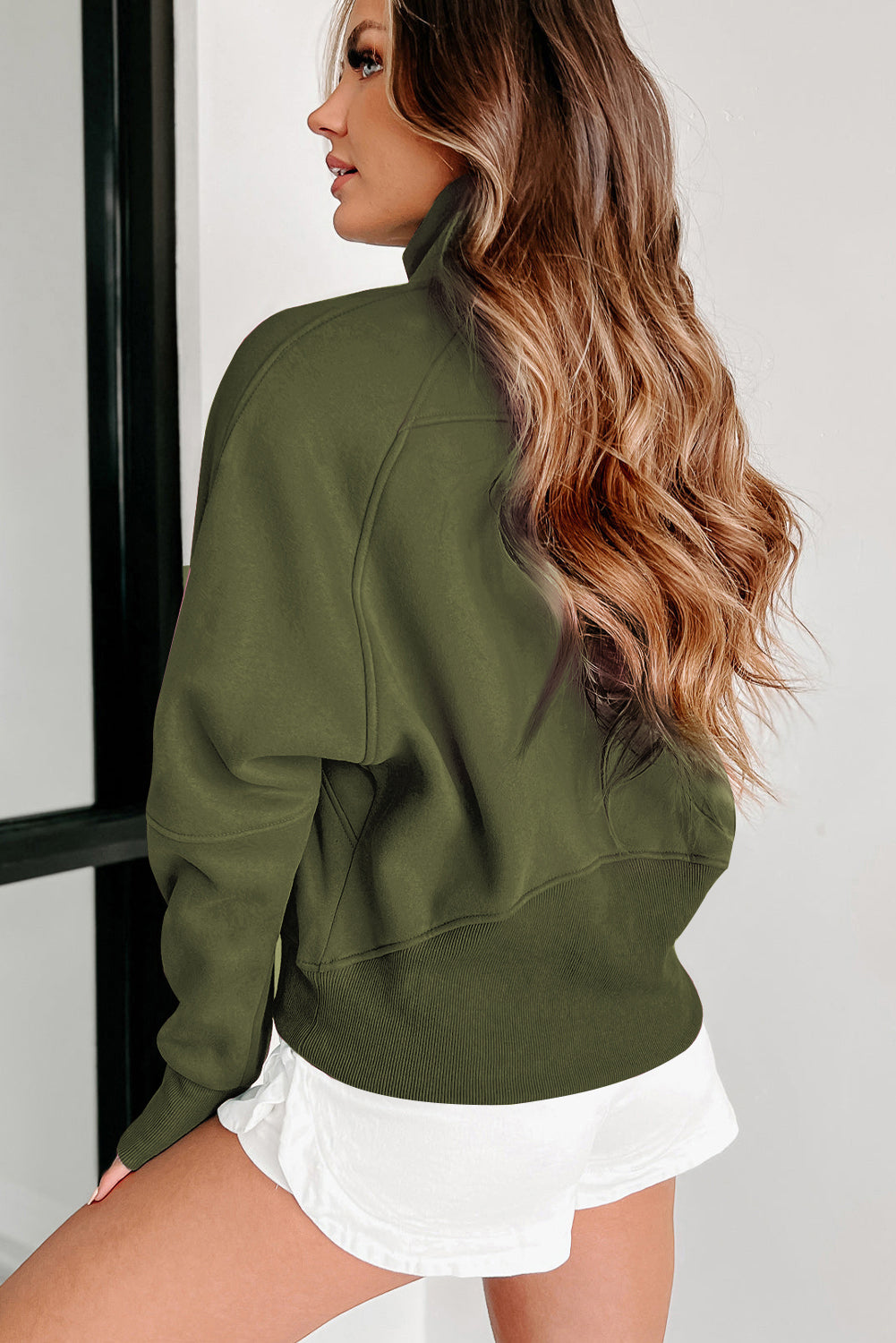 Moss Green Quarter Zip Stand Neck Kangaroo Pocket Sweatshirt Sweatshirts & Hoodies JT's Designer Fashion