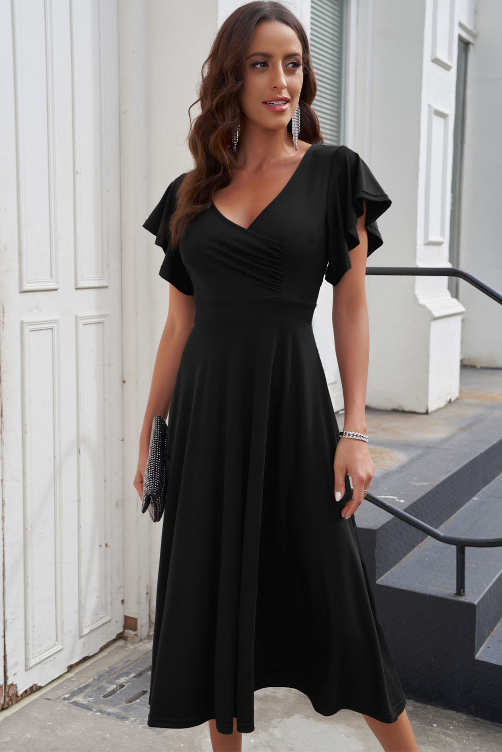 Black Ruffled Sleeve Wrap V Neck Midi Dress Midi Dresses JT's Designer Fashion