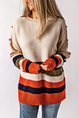 White Buttoned Shoulder Drop Shoulder Striped Sweater Sweaters & Cardigans JT's Designer Fashion