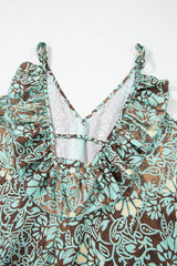 Green Floral Print V Neck Ruffled Trim Backless Tassel Waist Maxi Dress Floral Dresses JT's Designer Fashion