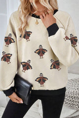 Jet Stream Textured Colorblock Edge Sequin Turkey Graphic Long Sleeve Top Graphic Sweatshirts JT's Designer Fashion