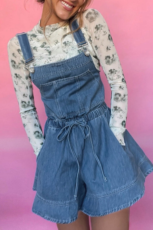 Sky Blue Buckle Straps Bib Style Drawstring Tied Backless Flared Denim Romper Sky Blue 82%Cotton+10%Polyester+8%Viscose Jumpsuits & Rompers JT's Designer Fashion