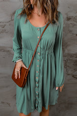 Green Button Up High Waist Long Sleeve Dress Midi Dresses JT's Designer Fashion