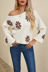 White Colorblock Floral Pattern Round Neck Sweater Sweaters JT's Designer Fashion
