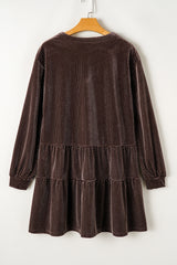 Dark Brown Textured Velvet V Neck Shift Dress Mini Dresses JT's Designer Fashion