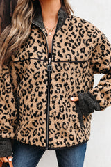 Khaki Leopard Print Zip Up Stand Neck Side Pocket Jacket Jackets JT's Designer Fashion