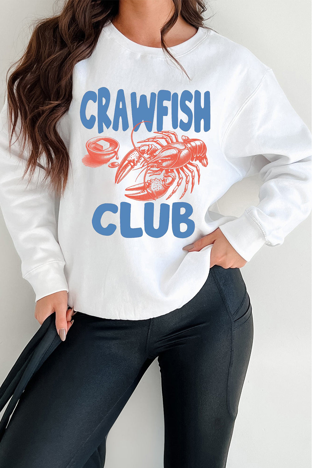 White CRAWFISH CLUB Printed Drop Shoulder Sweatshirt White 50%Polyester+50%Cotton Graphic Sweatshirts JT's Designer Fashion