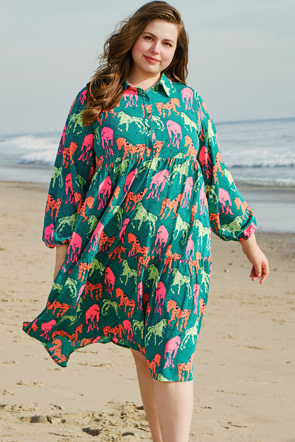 Green Horse Printed Long Sleeve Collared Buttoned Plus Size Midi Dress Green 100%Polyester Plus Size Midi Dresses JT's Designer Fashion