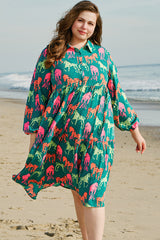 Green Horse Printed Long Sleeve Collared Buttoned Plus Size Midi Dress Green 100%Polyester Plus Size Midi Dresses JT's Designer Fashion