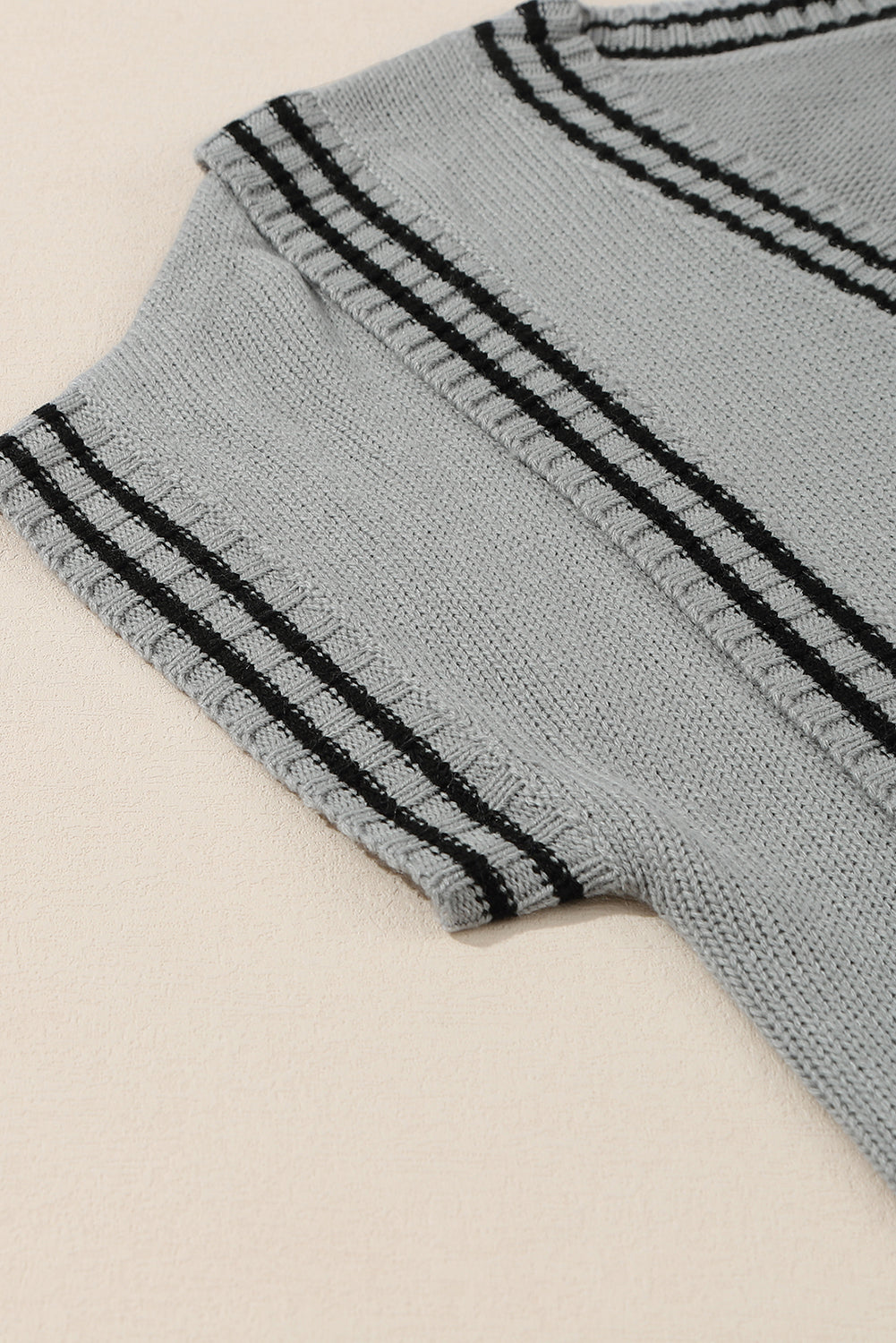 Gray V Neck Contrast Stripes Trims Short Sleeve Sweater Sweaters & Cardigans JT's Designer Fashion