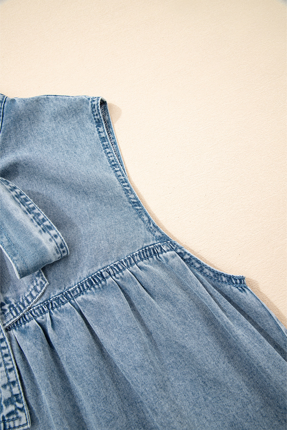 Real Teal Bowknot Neck Sleeveless Ruffled Chambray Dress Mini Dresses JT's Designer Fashion