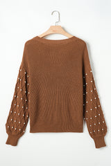 Chestnut Beaded Drop Shoulder Round Neck Sweater Sweaters JT's Designer Fashion
