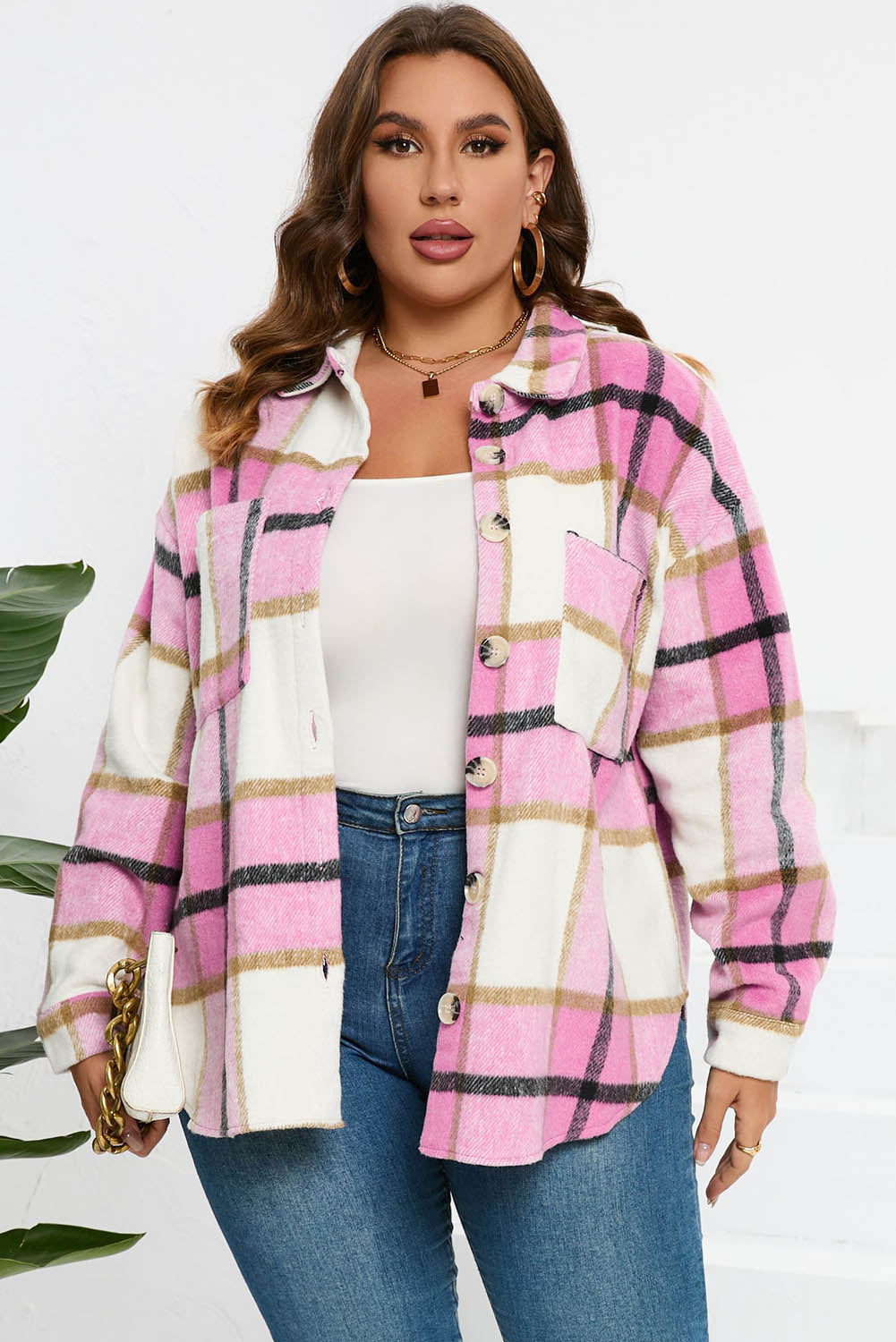 Pink Plaid Color Block Buttoned Long Sleeve Jacket with Pocket Plaid Shackets JT's Designer Fashion