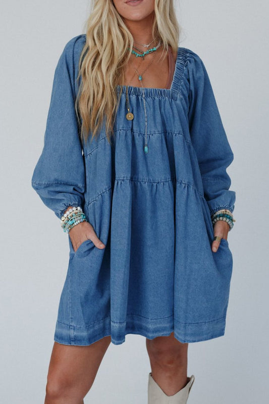 Dusk Blue Square Neck Side Pockets Loose Fit Denim Mini Dress Mini Dresses JT's Designer Fashion