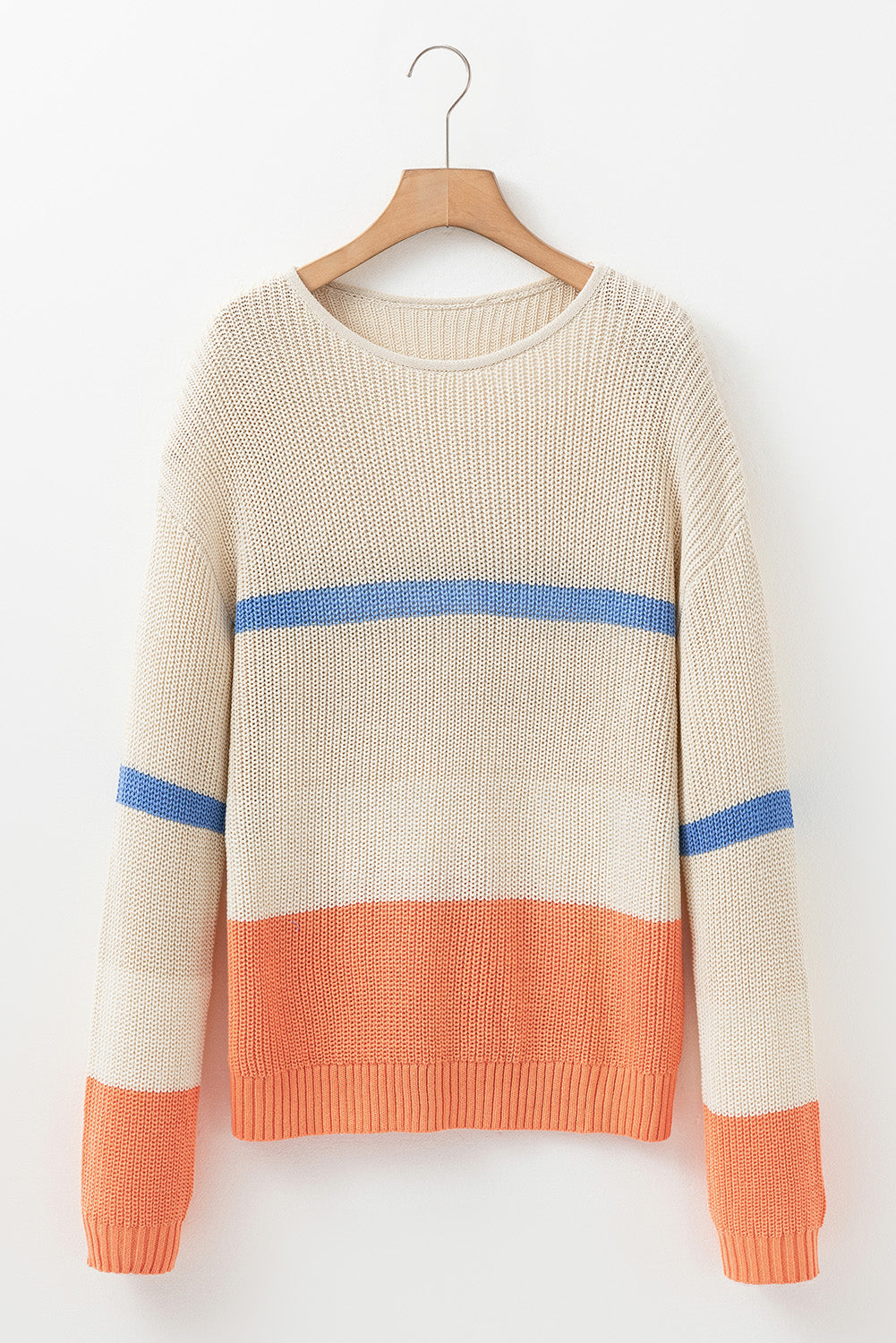 Beige Colorblock Striped Drop Shoulder Cozy Sweater Sweaters JT's Designer Fashion
