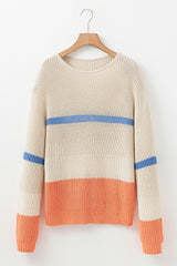 Beige Colorblock Striped Drop Shoulder Cozy Sweater Sweaters JT's Designer Fashion