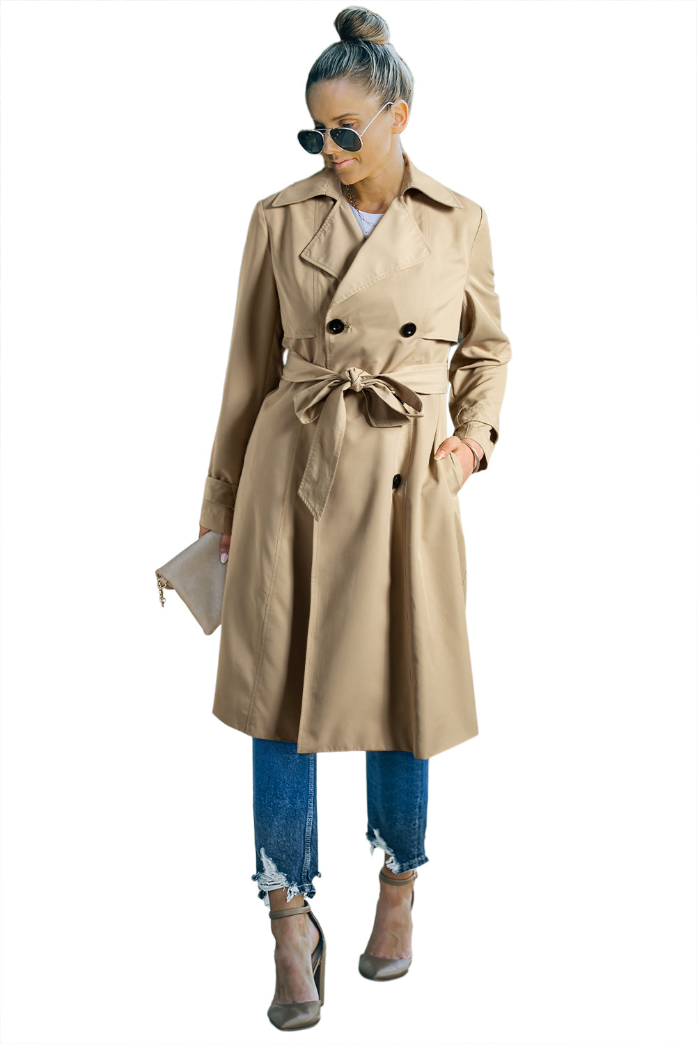 Pale Khaki Solid Color Lapel Collar Waist Tie Wind Coat Coats JT's Designer Fashion