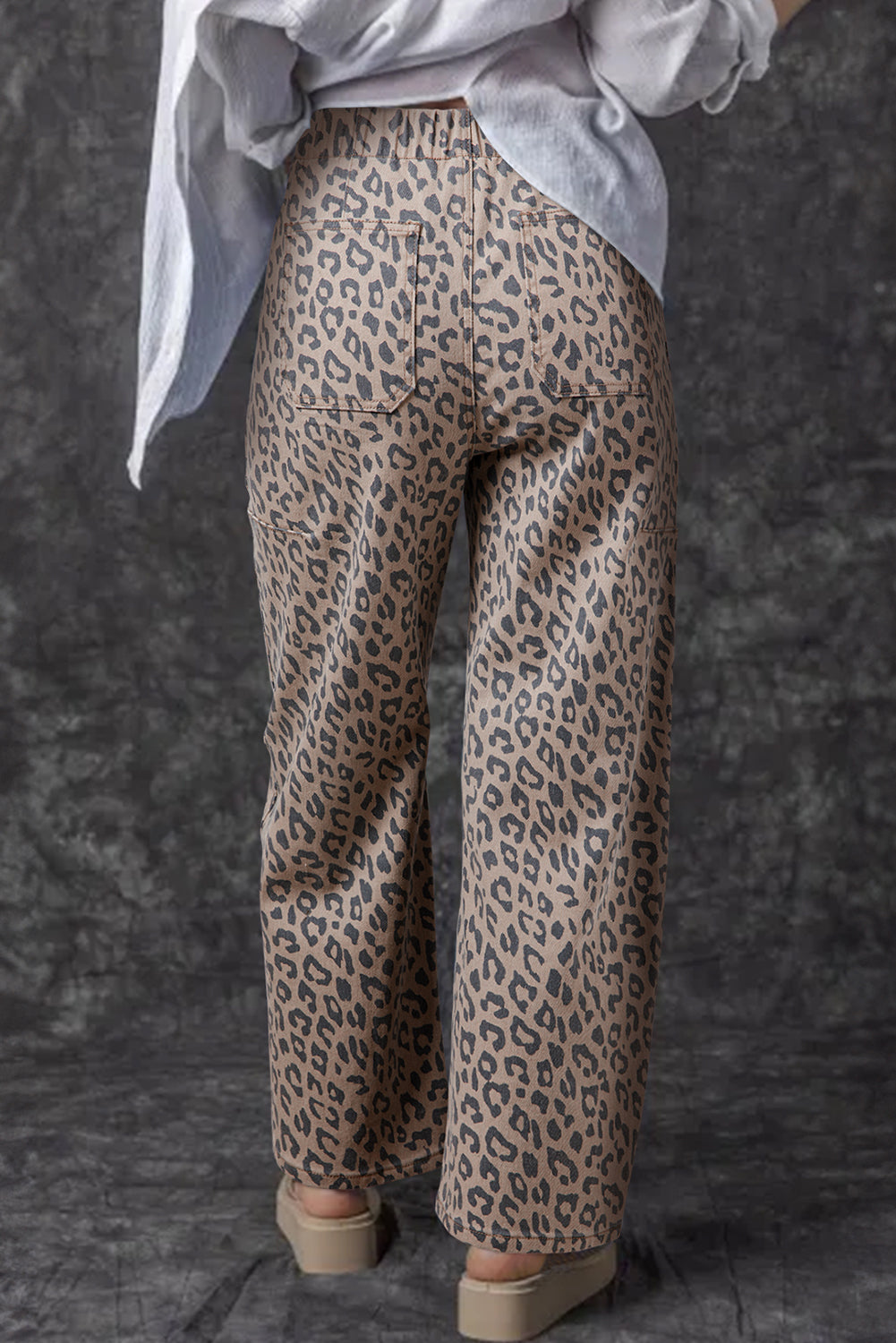 Khaki Leopard Printed Drawstring Elastic Waistband Pocketed Wide Leg Jeans Jeans JT's Designer Fashion