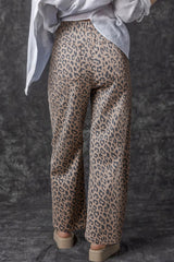 Khaki Leopard Printed Drawstring Elastic Waistband Pocketed Wide Leg Jeans Jeans JT's Designer Fashion