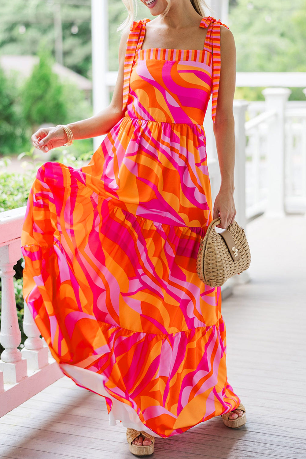 Red Abstract Print Knotted Shoulder High Waist Long Dress Maxi Dresses JT's Designer Fashion