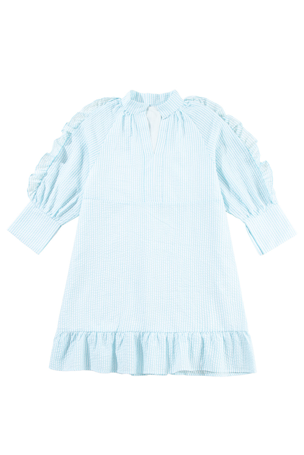 Myosotis Seersucker Ruffled Puff Sleeve Stand Neck Mini Dress Mini Dresses JT's Designer Fashion