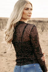 Black Western Rodeo Printed Mock Neck Long Sleeve Mesh Top Long Sleeve Tops JT's Designer Fashion