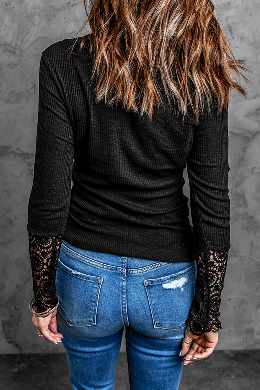 Black Crochet Lace Hem Sleeve Button Top Long Sleeve Tops JT's Designer Fashion