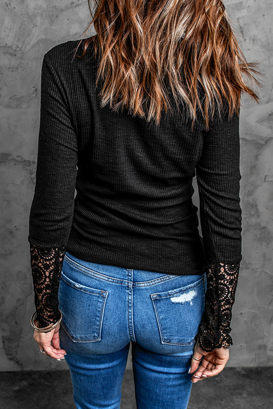 Black Crochet Lace Hem Sleeve Button Top Long Sleeve Tops JT's Designer Fashion